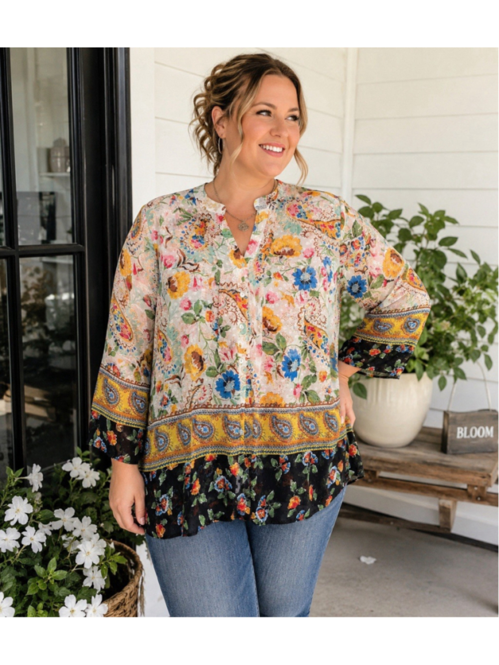 Fig & Flower Shirt Womens 1X Floral Paisley Button Sheer Tunic Boho Art To Wear